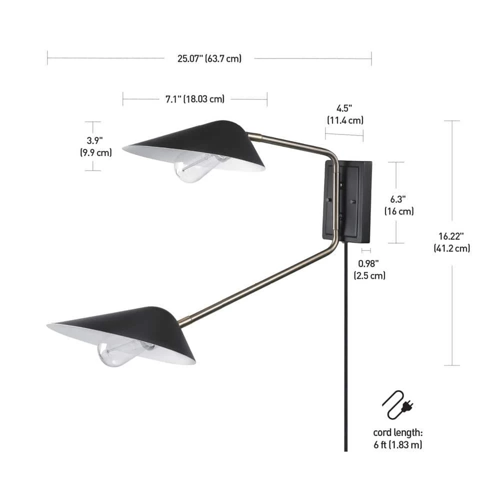 Jacob 2-Light Black and Antique Brass Plug-In or Hardwire Wall Sconce LED Bulbs Included by Globe Electric 5 Jacob 2-Light Black and Antique Brass Plug-In or Hardwire Wall Sconce LED Bulbs Included by Globe Electric - Image 5