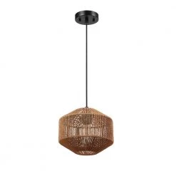 1-Light Black Shaded Pendant Lighting with Natural Twine Shade by Globe Electric