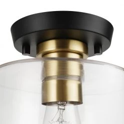 Polly 7 in. 1-Light Black Semi-Flush Mount Light with Brass Accent and Clear Glass Shade, Vintage Edison Bulb Included by Globe Electric -Deals Globe Electric Store black globe electric flush mount lights 91000555 44 1000