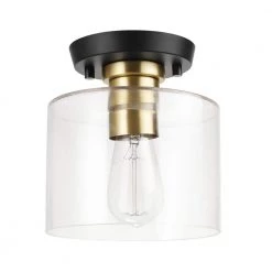 Polly 7 in. 1-Light Black Semi-Flush Mount Light with Brass Accent and Clear Glass Shade, Vintage Edison Bulb Included by Globe Electric