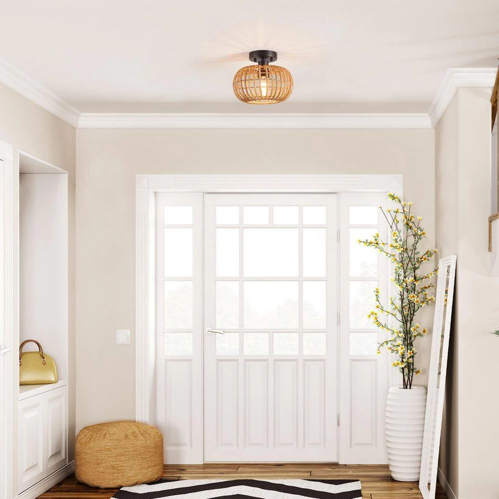 10 in. 1-Light Black Semi-Flush Mount Ceiling Light with Rattan Shade by Globe Electric 10 10 in. 1-Light Black Semi-Flush Mount Ceiling Light with Rattan Shade by Globe Electric - Image 10