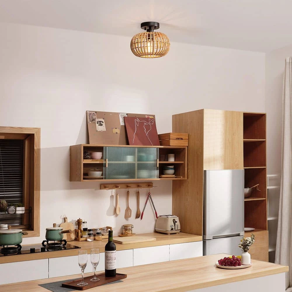 10 in. 1-Light Black Semi-Flush Mount Ceiling Light with Rattan Shade by Globe Electric 5 10 in. 1-Light Black Semi-Flush Mount Ceiling Light with Rattan Shade by Globe Electric - Image 5