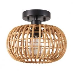 10 in. 1-Light Black Semi-Flush Mount Ceiling Light with Rattan Shade by Globe Electric