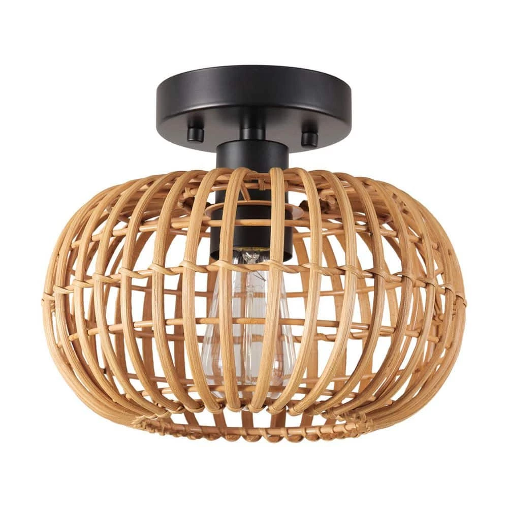 10 in. 1-Light Black Semi-Flush Mount Ceiling Light with Rattan Shade by Globe Electric 1 10 in. 1-Light Black Semi-Flush Mount Ceiling Light with Rattan Shade by Globe Electric