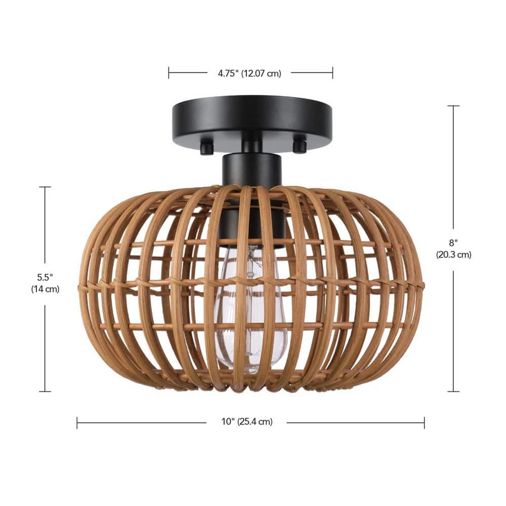 10 in. 1-Light Black Semi-Flush Mount Ceiling Light with Rattan Shade by Globe Electric 3 10 in. 1-Light Black Semi-Flush Mount Ceiling Light with Rattan Shade by Globe Electric - Image 3