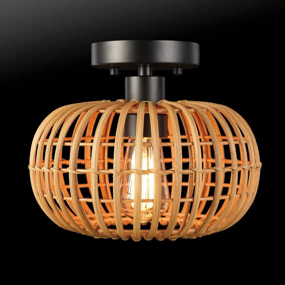 10 in. 1-Light Black Semi-Flush Mount Ceiling Light with Rattan Shade by Globe Electric 2 10 in. 1-Light Black Semi-Flush Mount Ceiling Light with Rattan Shade by Globe Electric - Image 2
