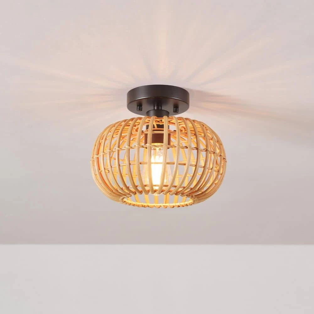 10 in. 1-Light Black Semi-Flush Mount Ceiling Light with Rattan Shade by Globe Electric 8 10 in. 1-Light Black Semi-Flush Mount Ceiling Light with Rattan Shade by Globe Electric - Image 8