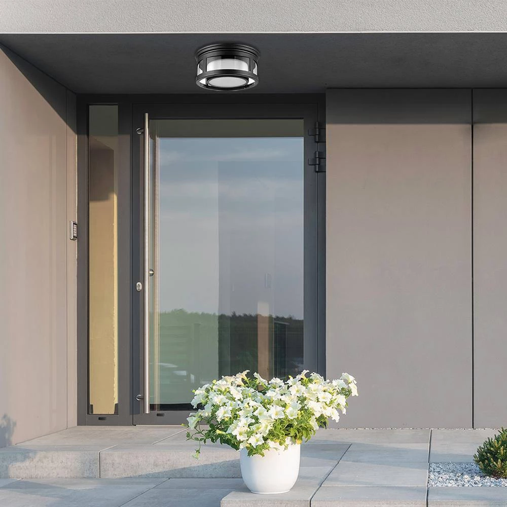 Brisbane 1-Light Matte Black Outdoor Indoor Flush Mount Ceiling Light with Frosted Glass Shade by Globe Electric 4 Brisbane 1-Light Matte Black Outdoor Indoor Flush Mount Ceiling Light with Frosted Glass Shade by Globe Electric - Image 4