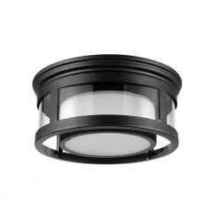 Brisbane 1-Light Matte Black Outdoor Indoor Flush Mount Ceiling Light with Frosted Glass Shade by Globe Electric