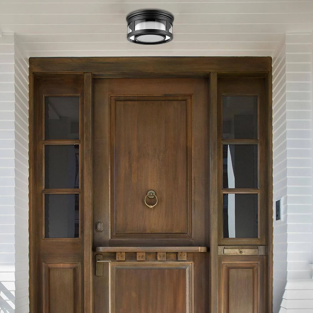 Brisbane 1-Light Matte Black Outdoor Indoor Flush Mount Ceiling Light with Frosted Glass Shade by Globe Electric 2 Brisbane 1-Light Matte Black Outdoor Indoor Flush Mount Ceiling Light with Frosted Glass Shade by Globe Electric - Image 2