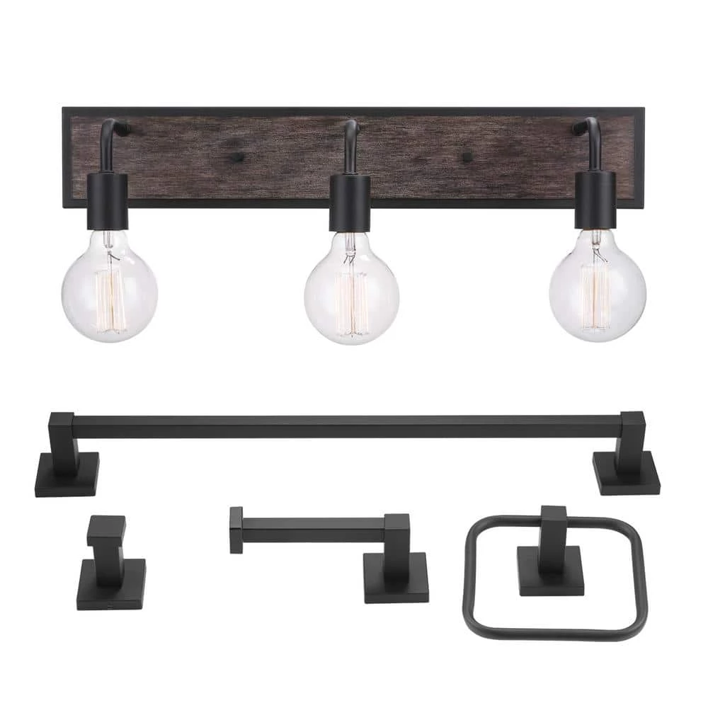 Auckland 24 in. 3-Light Black Vanity Light with Faux Wood Accent and Bath Set (5-Piece) by Globe Electric 5 Auckland 24 in. 3-Light Black Vanity Light with Faux Wood Accent and Bath Set (5-Piece) by Globe Electric - Image 5