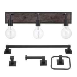Auckland 24 in. 3-Light Black Vanity Light with Faux Wood Accent and Bath Set (5-Piece) by Globe Electric