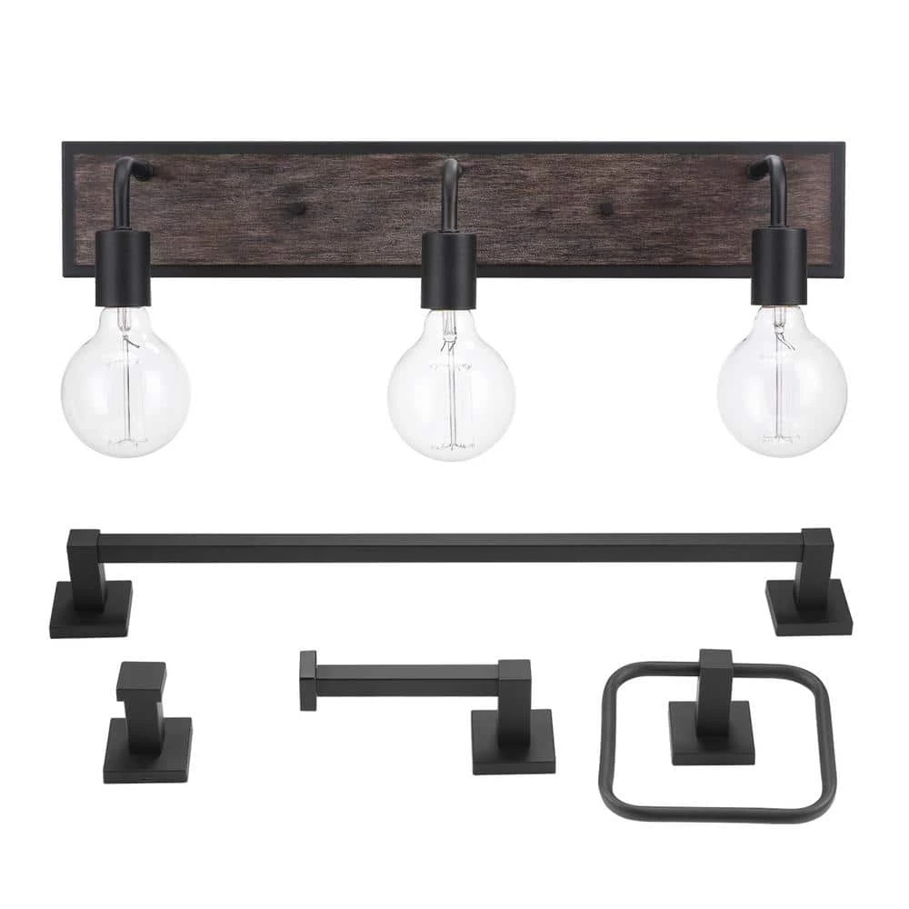 Auckland 24 in. 3-Light Black Vanity Light with Faux Wood Accent and Bath Set (5-Piece) by Globe Electric 1 Auckland 24 in. 3-Light Black Vanity Light with Faux Wood Accent and Bath Set (5-Piece) by Globe Electric