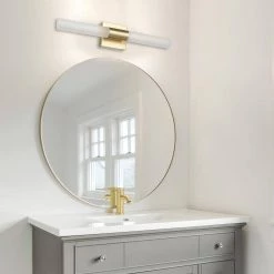 Edinburgh 24 in. 2-Light LED Integrated Brass Vanity Light with Frosted Acrylic Shades by Globe Electric 19 Edinburgh 24 in. 2-Light LED Integrated Brass Vanity Light with Frosted Acrylic Shades by Globe Electric -Deals Globe Electric Store brass globe electric vanity lighting 91000670 31 1000