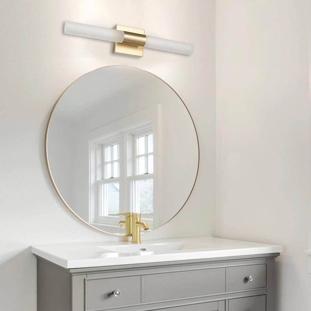 Edinburgh 24 in. 2-Light LED Integrated Brass Vanity Light with Frosted Acrylic Shades by Globe Electric 10 Edinburgh 24 in. 2-Light LED Integrated Brass Vanity Light with Frosted Acrylic Shades by Globe Electric - Image 10