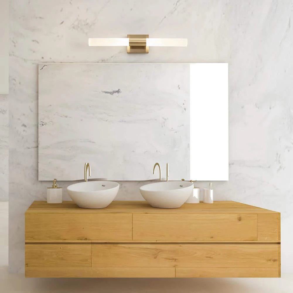 Edinburgh 24 in. 2-Light LED Integrated Brass Vanity Light with Frosted Acrylic Shades by Globe Electric 4 Edinburgh 24 in. 2-Light LED Integrated Brass Vanity Light with Frosted Acrylic Shades by Globe Electric - Image 4