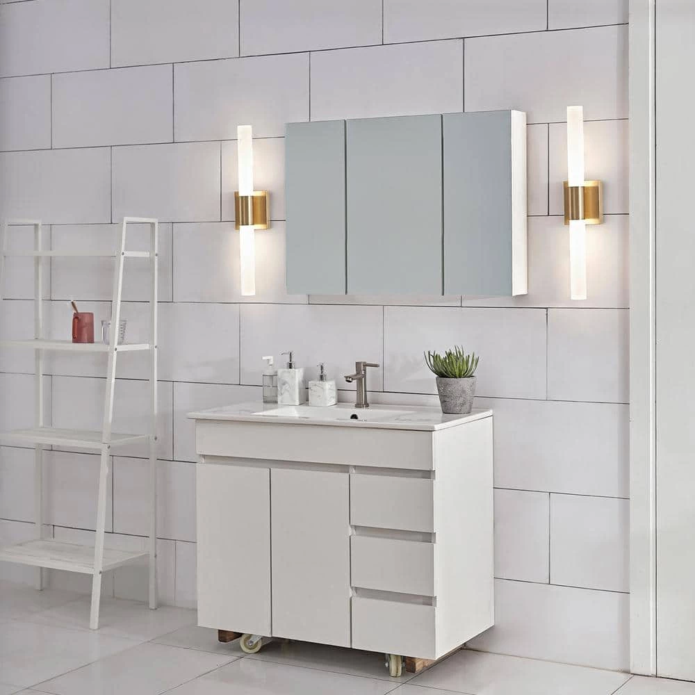 Edinburgh 24 in. 2-Light LED Integrated Brass Vanity Light with Frosted Acrylic Shades by Globe Electric 3 Edinburgh 24 in. 2-Light LED Integrated Brass Vanity Light with Frosted Acrylic Shades by Globe Electric - Image 3