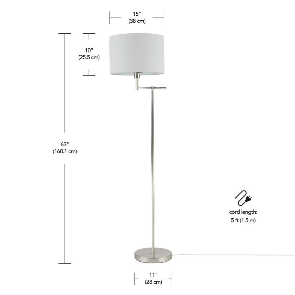 Jaclyn 63 in. Brushed Nickel Swing Arm Floor Lamp with White Shade, CEC Title 20 Bulb Included by Globe Electric 7 Jaclyn 63 in. Brushed Nickel Swing Arm Floor Lamp with White Shade, CEC Title 20 Bulb Included by Globe Electric - Image 7