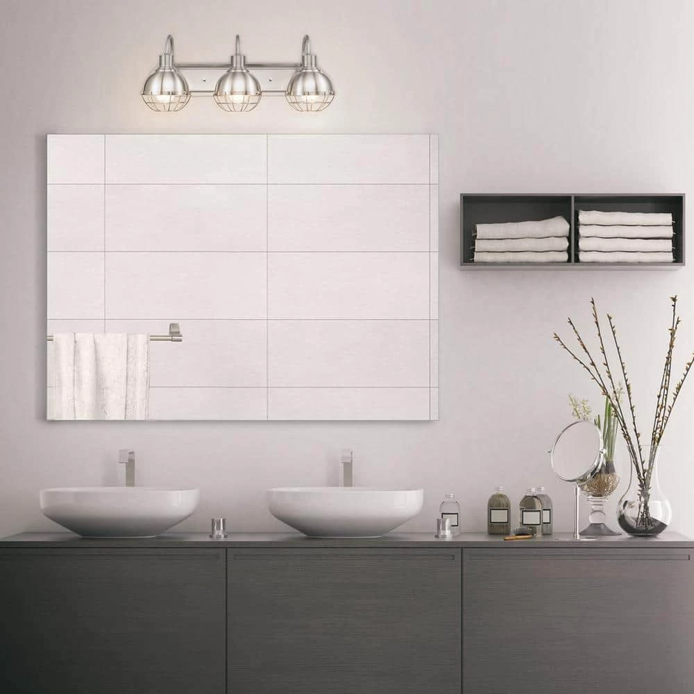 Eli 24.1 in. 3-Light Brushed Nickel Vanity Light with Caged Shades, Incandescent Bulbs Included by Globe Electric 7 Eli 24.1 in. 3-Light Brushed Nickel Vanity Light with Caged Shades, Incandescent Bulbs Included by Globe Electric - Image 7