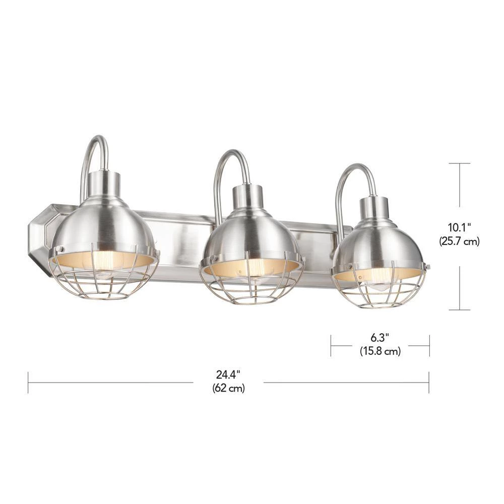 Eli 24.1 in. 3-Light Brushed Nickel Vanity Light with Caged Shades, Incandescent Bulbs Included by Globe Electric 6 Eli 24.1 in. 3-Light Brushed Nickel Vanity Light with Caged Shades, Incandescent Bulbs Included by Globe Electric - Image 6