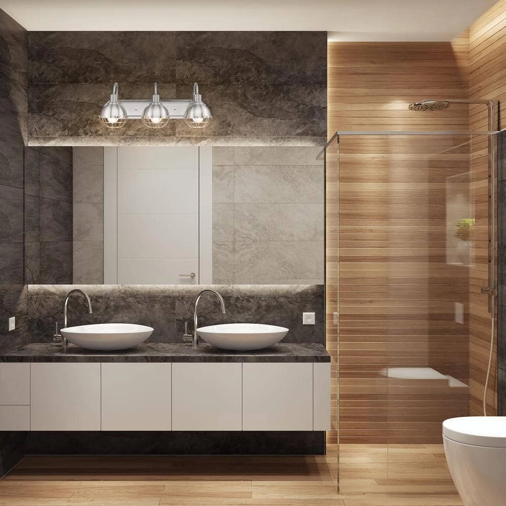 Eli 24.1 in. 3-Light Brushed Nickel Vanity Light with Caged Shades, Incandescent Bulbs Included by Globe Electric 3 Eli 24.1 in. 3-Light Brushed Nickel Vanity Light with Caged Shades, Incandescent Bulbs Included by Globe Electric - Image 3