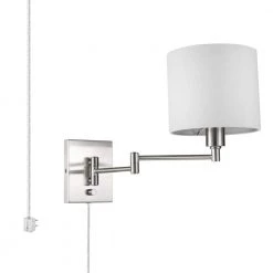 Anderson 1-Light Brushed Steel Plug-In Swing Arm Wall Lamp with White Fabric Shade, LED Bulb Included by Globe Electric -Deals Globe Electric Store brushed steel globe electric wall lamps 51627 44 1000