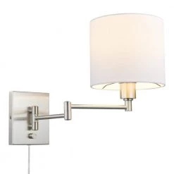 Anderson 1-Light Brushed Steel Plug-In Swing Arm Wall Lamp with White Fabric Shade, LED Bulb Included by Globe Electric