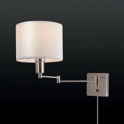 Anderson 1-Light Brushed Steel Plug-In or Hardwire Wall Sconce with White Fabric Shade and 6 ft. Cord by Globe Electric -Deals Globe Electric Store brushed steel globe electric wall sconces 51788 76 1000