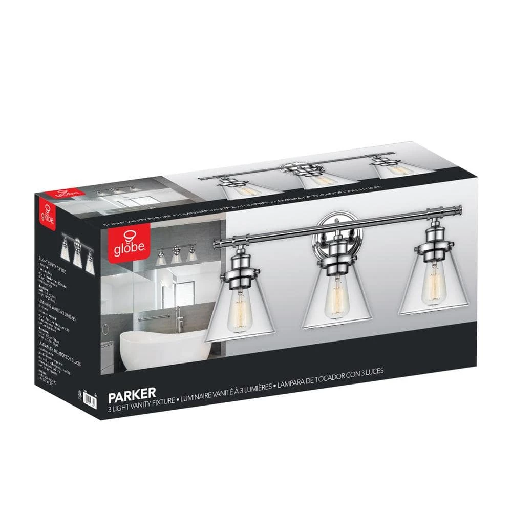 Parker 3-Light Chrome Vanity Light with Clear Glass Shades by Globe Electric 7 Parker 3-Light Chrome Vanity Light with Clear Glass Shades by Globe Electric - Image 7