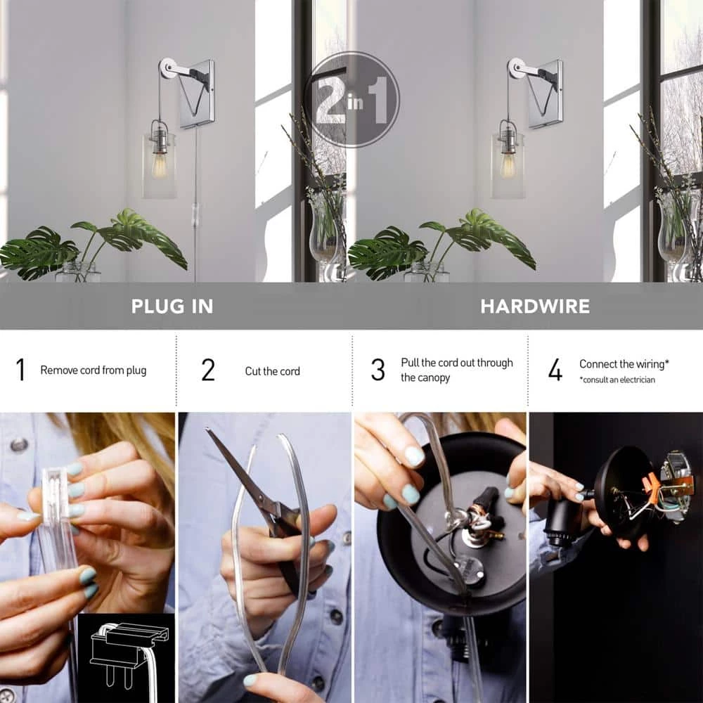 Allen 1-Light Chrome Plug-In or Hardwire Wall Sconce with 6 ft. Cord by Globe Electric 2 Allen 1-Light Chrome Plug-In or Hardwire Wall Sconce with 6 ft. Cord by Globe Electric - Image 2