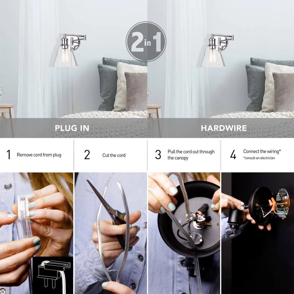 Parker 1-Light Chrome Plug-In or Hardwire Swing Arm Wall Sconce with 6 ft. Cord by Globe Electric 2 Parker 1-Light Chrome Plug-In or Hardwire Swing Arm Wall Sconce with 6 ft. Cord by Globe Electric - Image 2