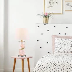 Maya 20 in. Fillable Clear Glass Table Lamp with White Linen Shade by Globe Electric -Deals Globe Electric Store clear glass brushed nickel accents globe electric table lamps 67155 44 1000