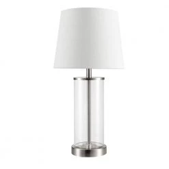 Maya 20 in. Fillable Clear Glass Table Lamp with White Linen Shade by Globe Electric