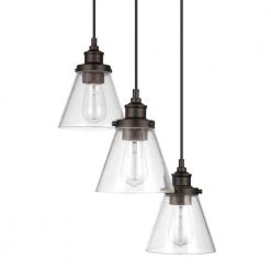 Jackson 3-Light Dark Bronze Pendant with Clear Glass Shades, Vintage Incandescent Bulbs Included by Globe Electric -Deals Globe Electric Store dark bronze globe electric chandeliers 61038 1f 1000