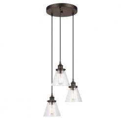 Jackson 3-Light Dark Bronze Pendant with Clear Glass Shades, Vintage Incandescent Bulbs Included by Globe Electric