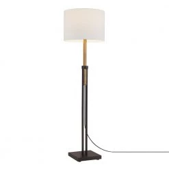Oakland 65 in. Dark Bronze Floor Lamp with Faux Wood Accent and Textured Beige Shade, CEC Title 20 LED Bulb Included by Globe Electric