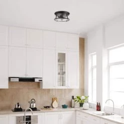 Donny 12.75 in. 2-Light Dark Bronze Flush Mount with Seeded Glass Shade, Light Bulbs Included by Globe Electric -Deals Globe Electric Store dark bronze globe electric flush mount lights 91000556 31 1000