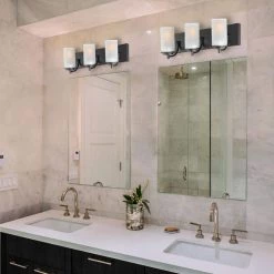 Carla 19 in. 3-Light Dark Bronze Vanity Light with Frosted Glass Shades and Bath Set (5-Piece), Bulbs Included by Globe Electric -Deals Globe Electric Store dark bronze globe electric vanity lighting 51529 c3 1000