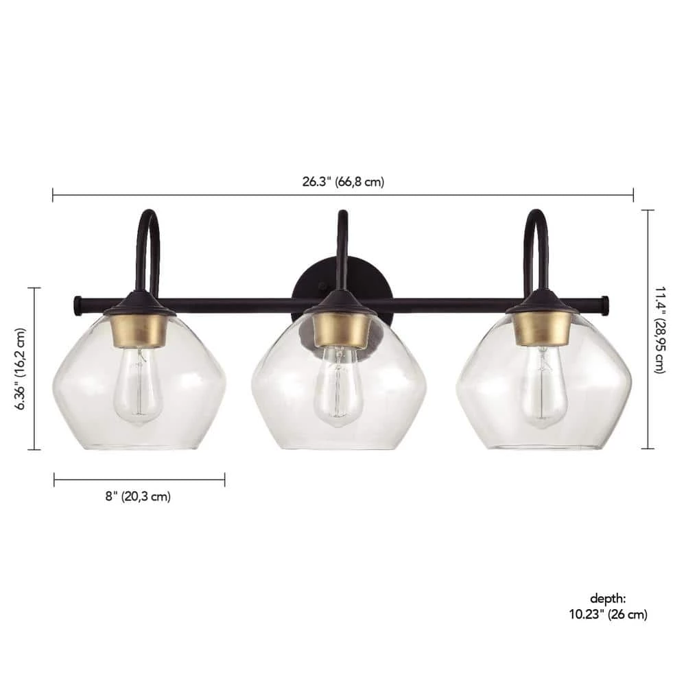 Harrow 26.3 in. 3-Light Dark Bronze Vanity Light with Antique Brass Accents and Clear Glass Shades by Globe Electric 5 Harrow 26.3 in. 3-Light Dark Bronze Vanity Light with Antique Brass Accents and Clear Glass Shades by Globe Electric - Image 5