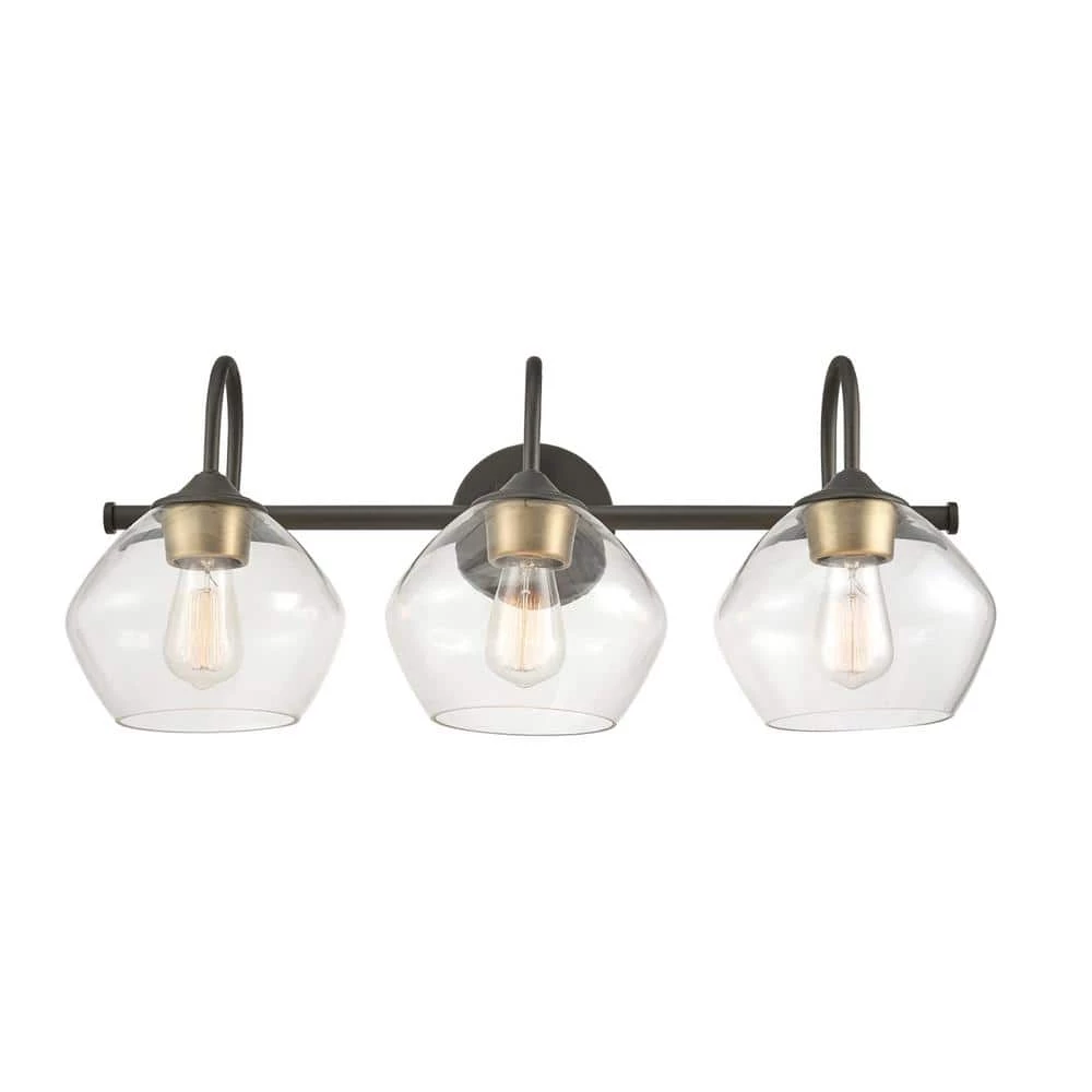 Harrow 26.3 in. 3-Light Dark Bronze Vanity Light with Antique Brass Accents and Clear Glass Shades by Globe Electric 4 Harrow 26.3 in. 3-Light Dark Bronze Vanity Light with Antique Brass Accents and Clear Glass Shades by Globe Electric - Image 4