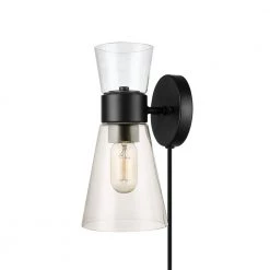 Harris 1-Light Dark Bronze Plug-In or Hardwire Wall Sconce with Clear Glass Shade and 6 ft. Cord by Globe Electric