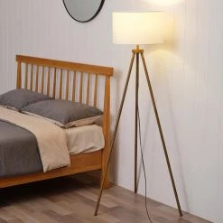 60 in. Faux Wood Floor Lamp with White Linen Shade and Tripod Base, On/Off Rotary Switch on Socket/ by Globe Electric -Deals Globe Electric Store faux wood globe electric floor lamps 91002854 31 1000