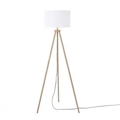 60 in. Faux Wood Floor Lamp with White Linen Shade and Tripod Base, On/Off Rotary Switch on Socket/ by Globe Electric
