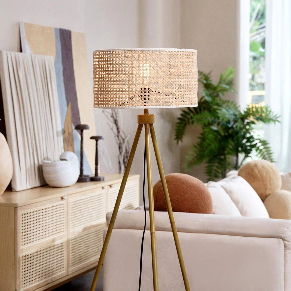 60 in. Faux Wood Floor Lamp with Rattan Shade and Tripod Base, On/Off Rotary Switch on Socket by Globe Electric 9 60 in. Faux Wood Floor Lamp with Rattan Shade and Tripod Base, On/Off Rotary Switch on Socket by Globe Electric - Image 9