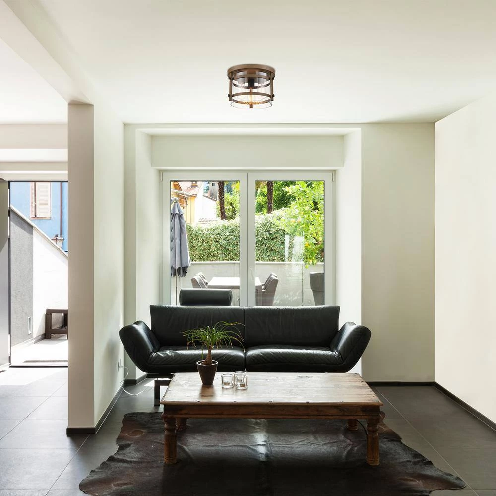 Daniel 11.9 in. 3-Light Faux Wood Flush Mount with Matte Black Accents and Clear Glass Shade by Globe Electric 5 Daniel 11.9 in. 3-Light Faux Wood Flush Mount with Matte Black Accents and Clear Glass Shade by Globe Electric - Image 5