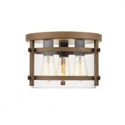 Daniel 11.9 in. 3-Light Faux Wood Flush Mount with Matte Black Accents and Clear Glass Shade by Globe Electric