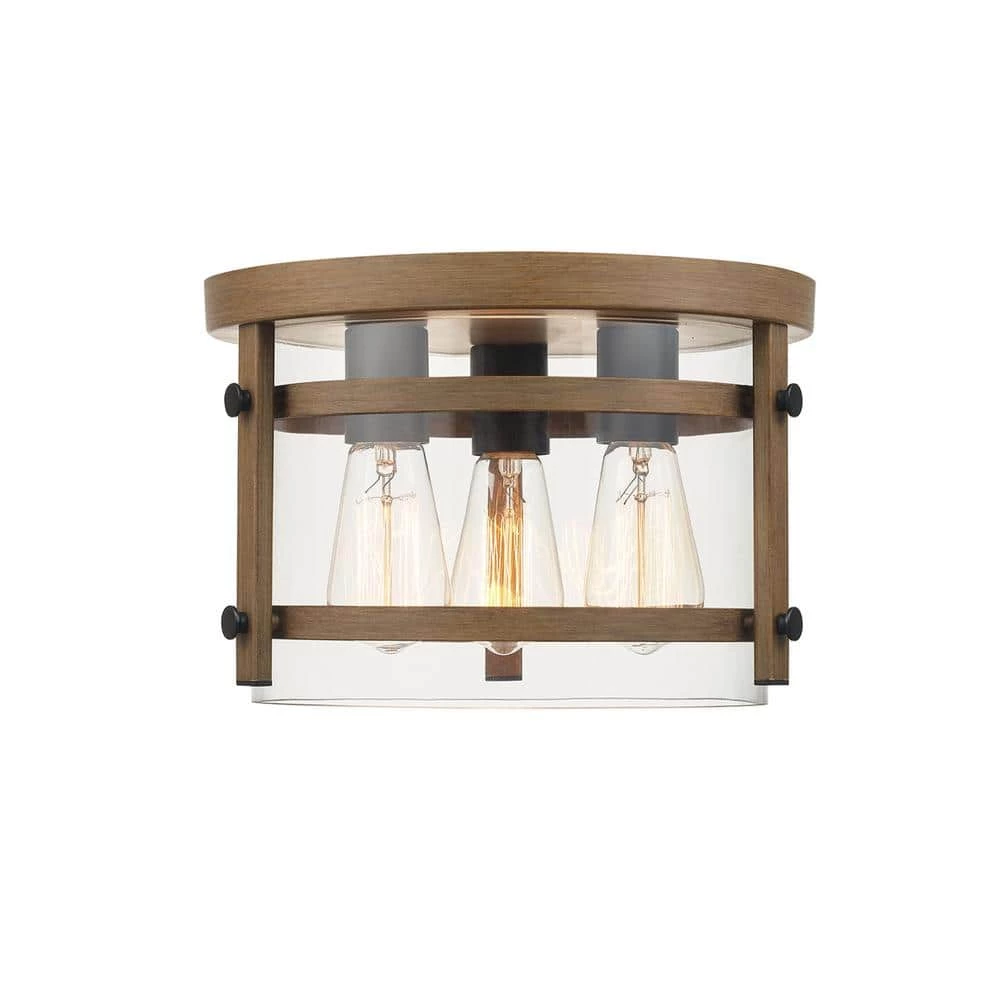 Daniel 11.9 in. 3-Light Faux Wood Flush Mount with Matte Black Accents and Clear Glass Shade by Globe Electric 1 Daniel 11.9 in. 3-Light Faux Wood Flush Mount with Matte Black Accents and Clear Glass Shade by Globe Electric