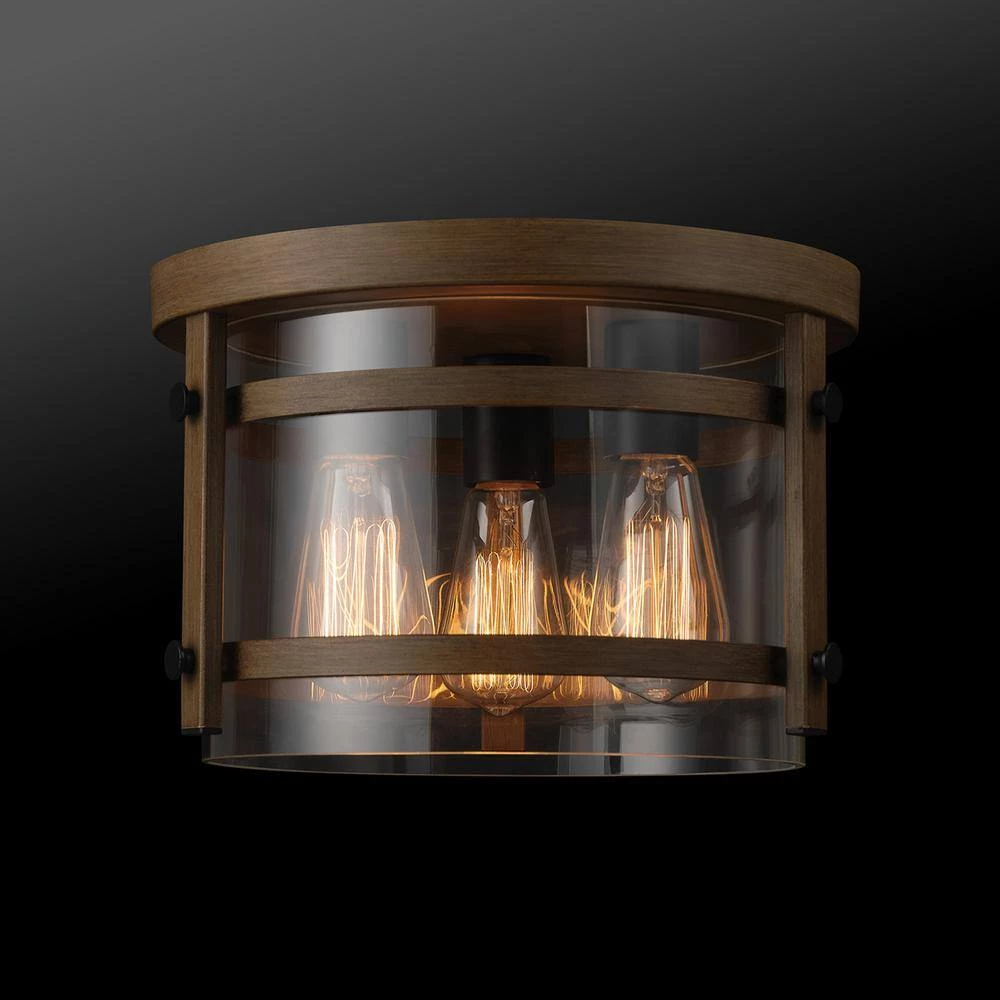 Daniel 11.9 in. 3-Light Faux Wood Flush Mount with Matte Black Accents and Clear Glass Shade by Globe Electric 2 Daniel 11.9 in. 3-Light Faux Wood Flush Mount with Matte Black Accents and Clear Glass Shade by Globe Electric - Image 2