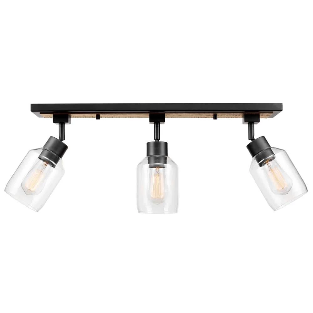 Griffith 25 in. 3-Light Faux Wood and Matte Black Track Lighting with Clear Glass Shades by Globe Electric 1 Griffith 25 in. 3-Light Faux Wood and Matte Black Track Lighting with Clear Glass Shades by Globe Electric