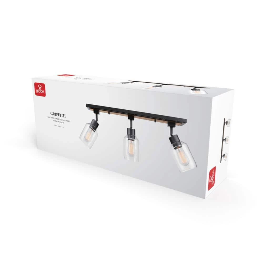 Griffith 25 in. 3-Light Faux Wood and Matte Black Track Lighting with Clear Glass Shades by Globe Electric 8 Griffith 25 in. 3-Light Faux Wood and Matte Black Track Lighting with Clear Glass Shades by Globe Electric - Image 8